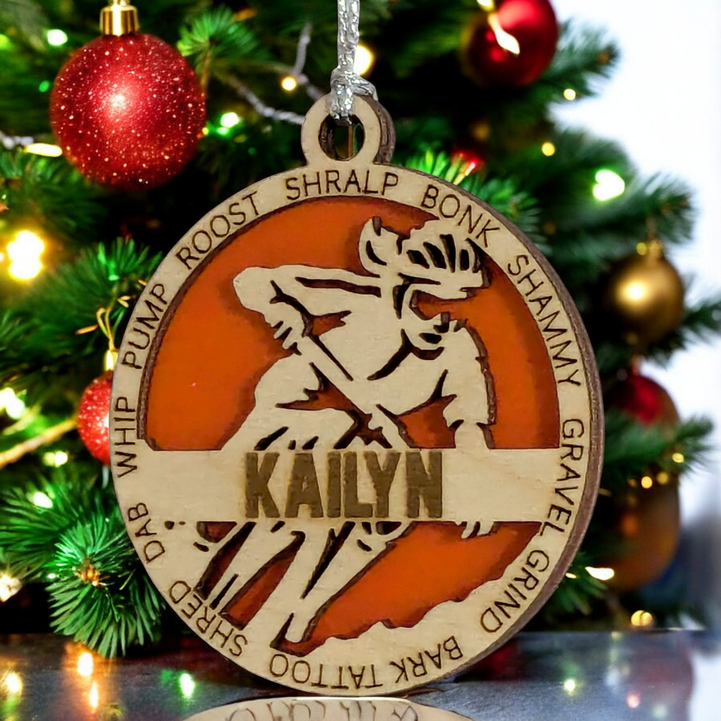 3" Handcrafted Wooden Personalized Female Mountain Biking Christmas Ornament - Custom Outdoor Sports Holiday Decor