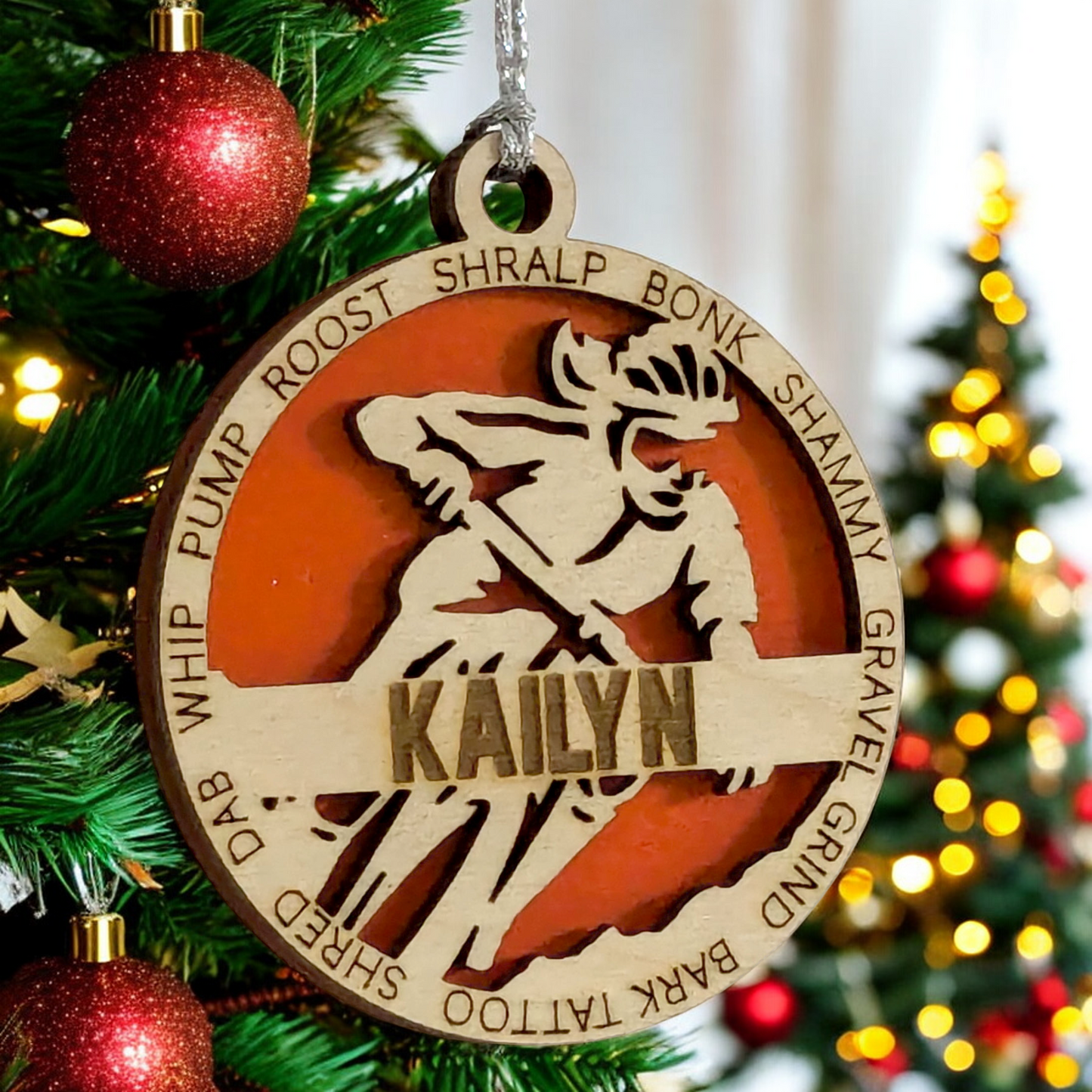 3" Handcrafted Wooden Personalized Female Mountain Biking Christmas Ornament - Custom Outdoor Sports Holiday Decor