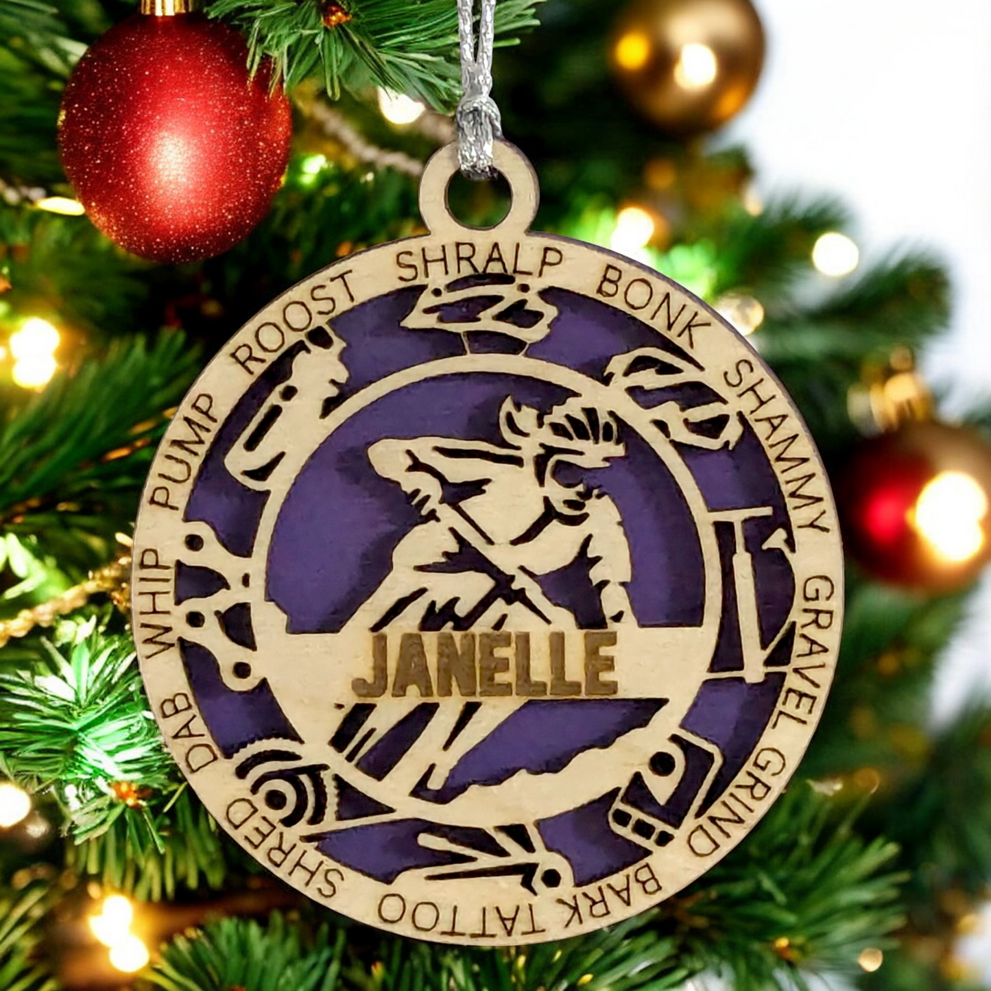 3" Handcrafted Wooden Personalized Female Mountain Biking Christmas Ornament - Custom Outdoor Sports Holiday Decor