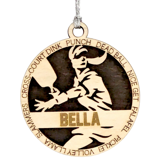 3" Handcrafted Wooden Personalized Female Pickleball Christmas Ornament - Customizable Holiday Decoration for Pickleball Enthusiasts