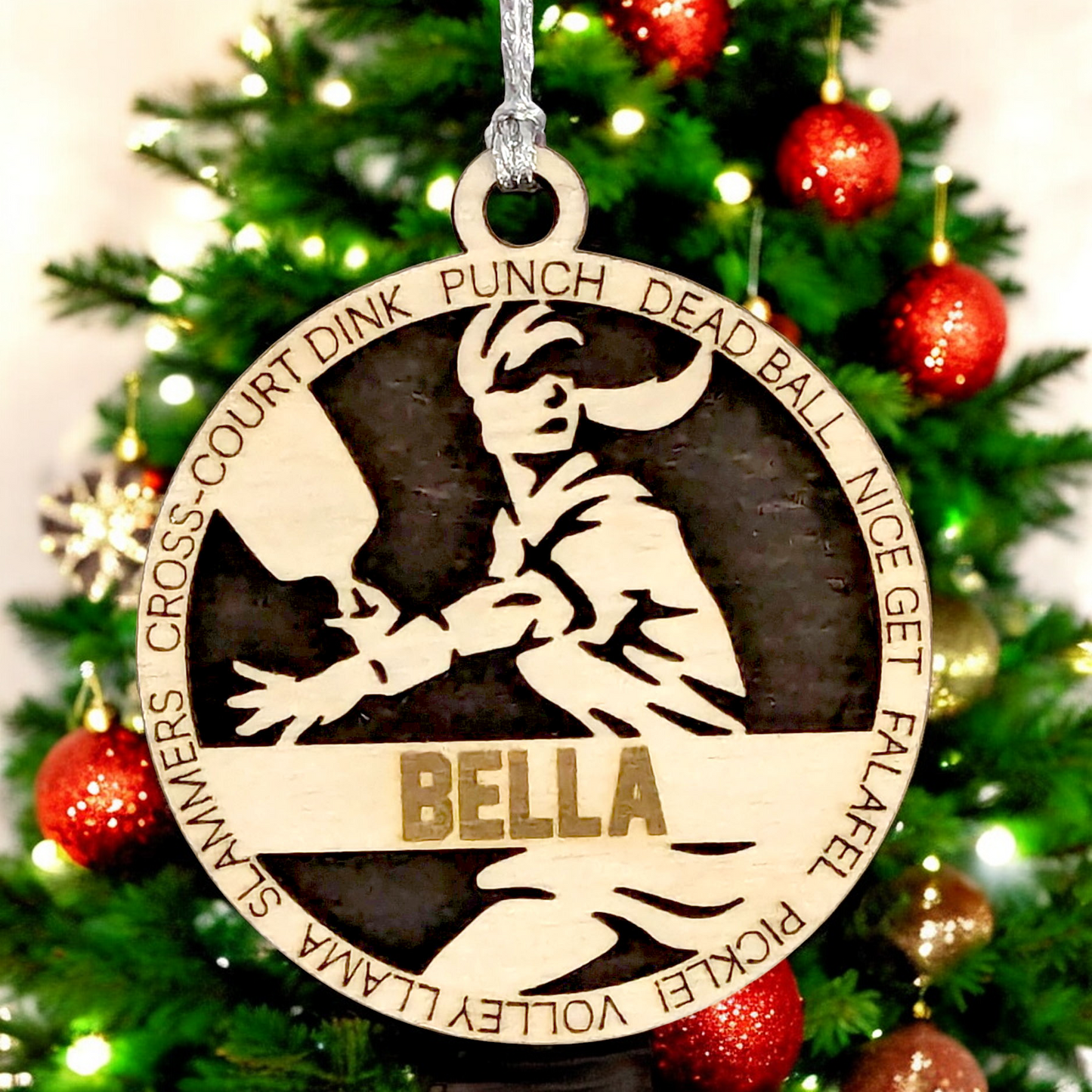 3" Handcrafted Wooden Personalized Female Pickleball Christmas Ornament - Customizable Holiday Decoration for Pickleball Enthusiasts