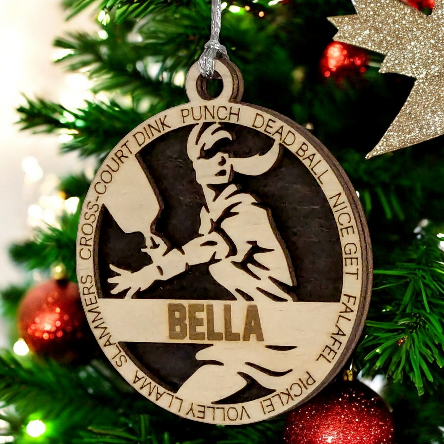 3" Handcrafted Wooden Personalized Female Pickleball Christmas Ornament - Customizable Holiday Decoration for Pickleball Enthusiasts