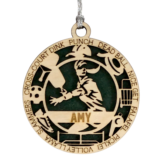 3" Handcrafted Wooden Personalized Female Pickleball Christmas Ornament - Customizable Holiday Decoration for Pickleball Enthusiasts