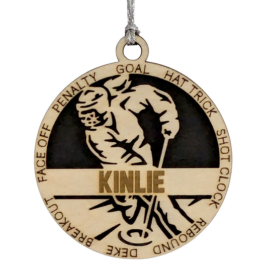 3" Handcrafted Wooden Personalized Female Ringette Christmas Ornament - Laser Cut - Unique Ringette Player Gift - Customizable Ice Sports Keepsake for Girls - Ringette Stick and Player Design