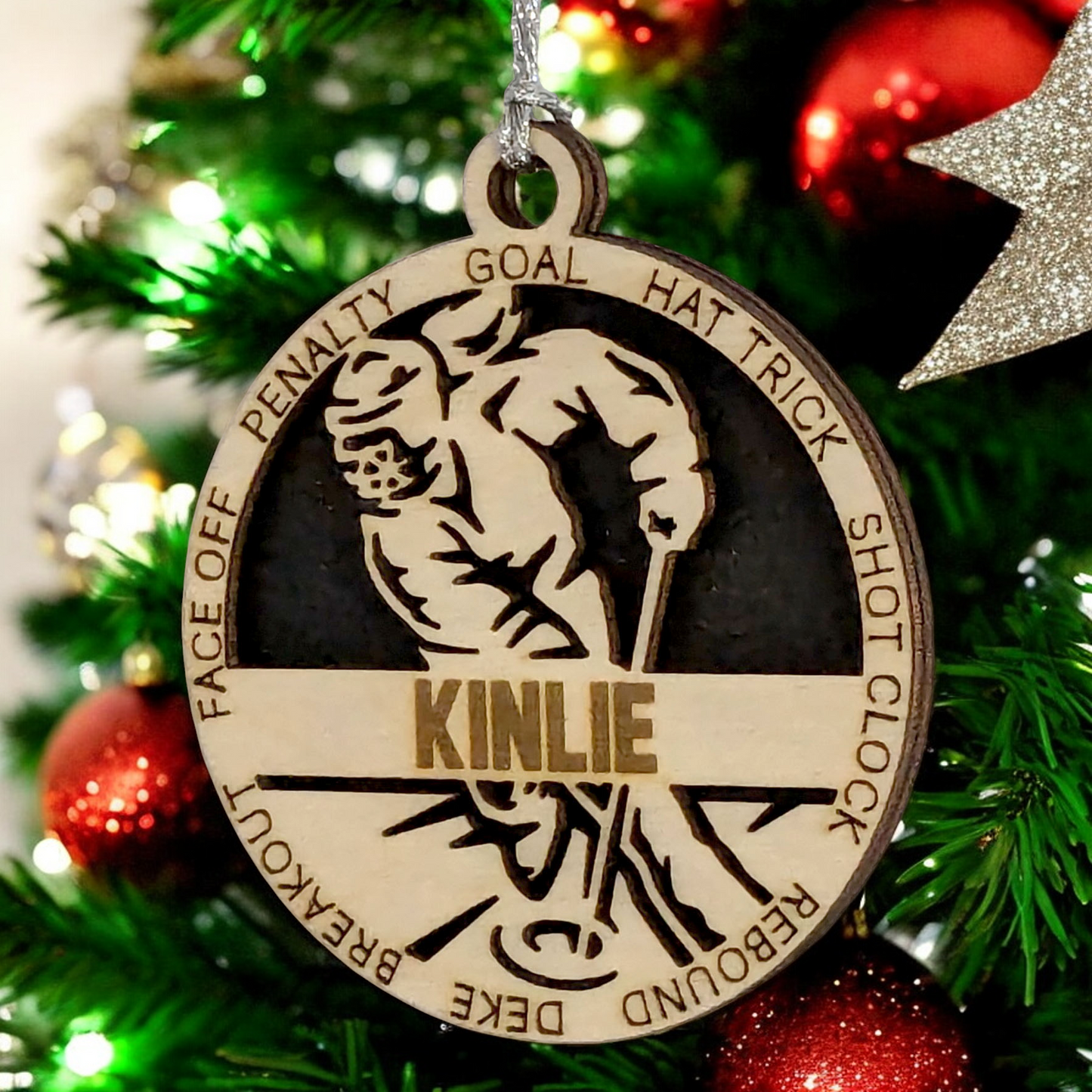 3" Handcrafted Wooden Personalized Female Ringette Christmas Ornament - Laser Cut - Unique Ringette Player Gift - Customizable Ice Sports Keepsake for Girls - Ringette Stick and Player Design