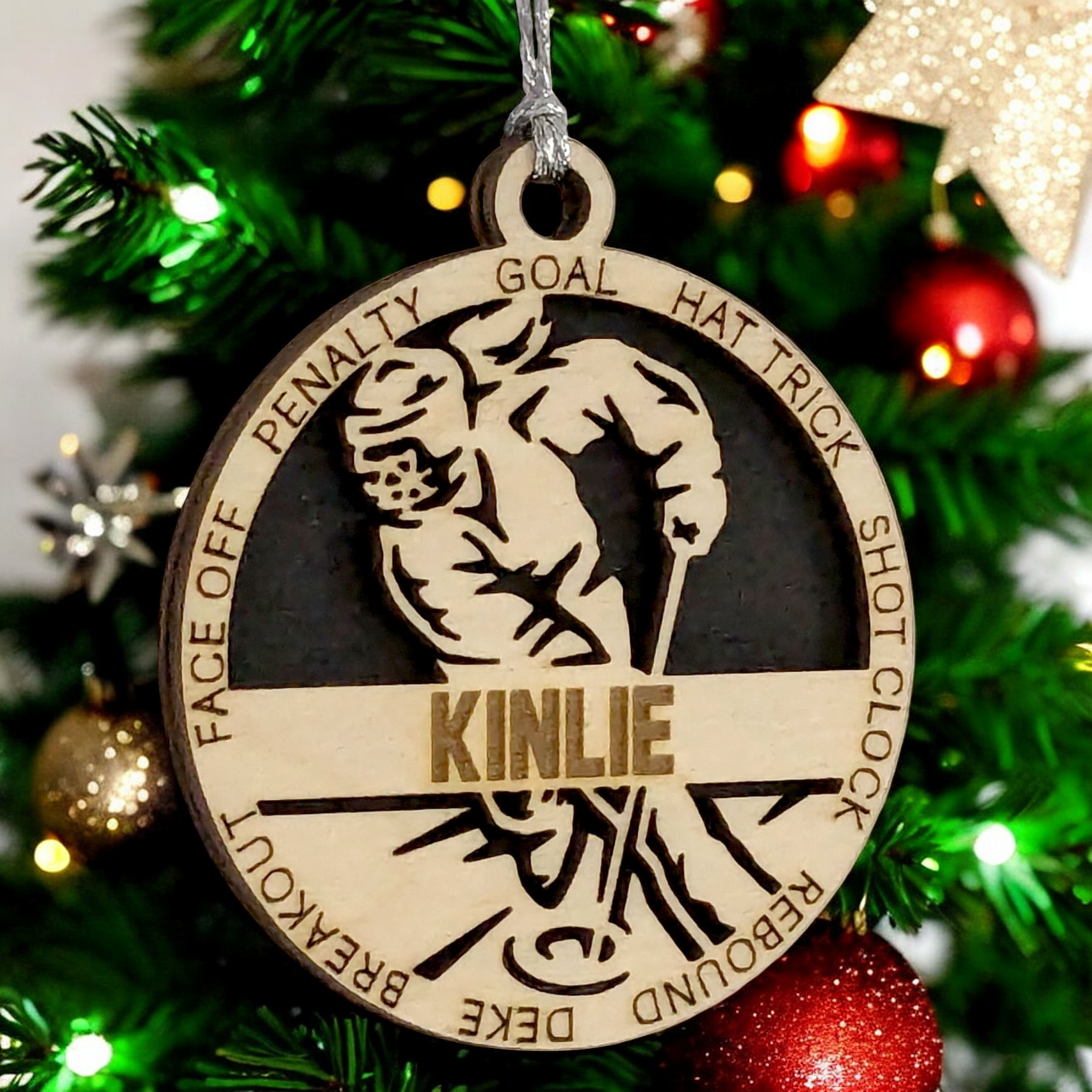 3" Handcrafted Wooden Personalized Female Ringette Christmas Ornament - Laser Cut - Unique Ringette Player Gift - Customizable Ice Sports Keepsake for Girls - Ringette Stick and Player Design