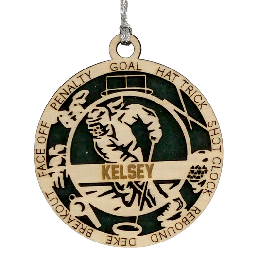 3" Handcrafted Wooden Personalized Female Ringette Christmas Ornament - Laser Cut - Unique Ringette Player Gift - Customizable Ice Sports Keepsake for Girls - Ringette Stick and Player Design