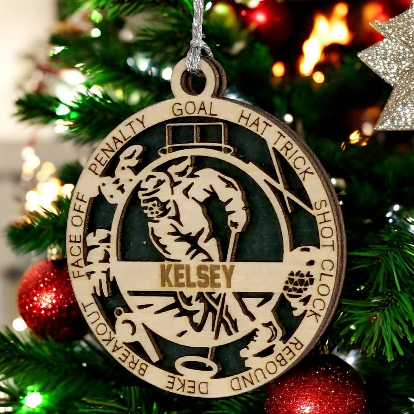 3" Handcrafted Wooden Personalized Female Ringette Christmas Ornament - Laser Cut - Unique Ringette Player Gift - Customizable Ice Sports Keepsake for Girls - Ringette Stick and Player Design