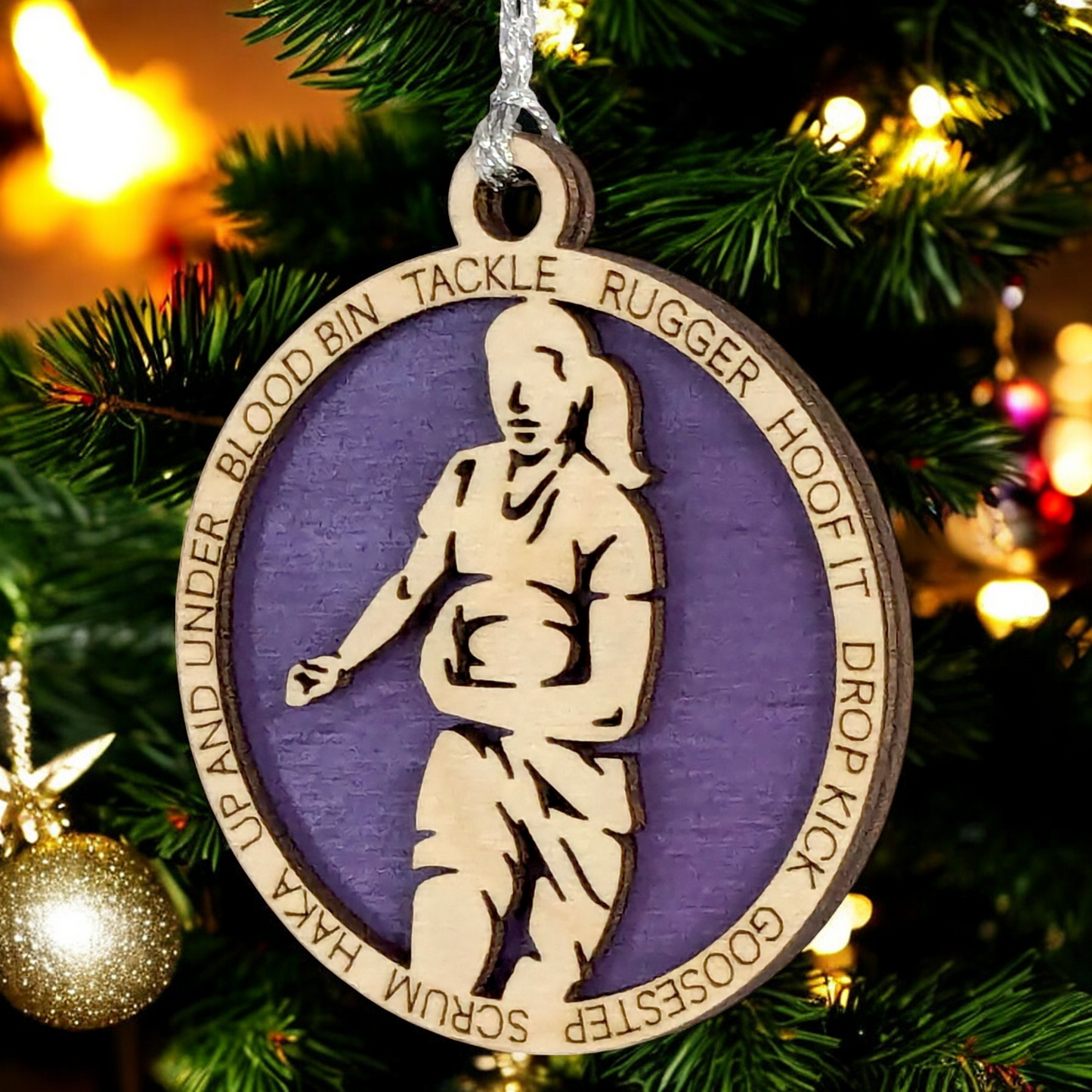 3" Handcrafted Wooden Personalized Female Rugby Christmas Ornament - Custom Rugby Player Holiday Decor
