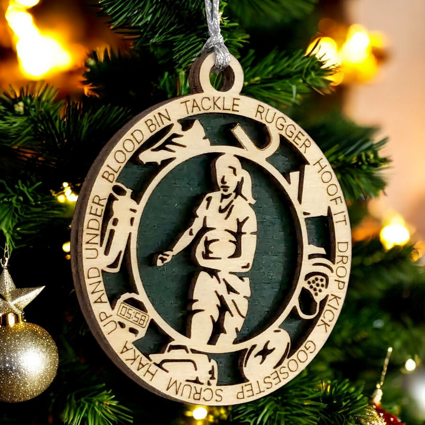 3" Handcrafted Wooden Personalized Female Rugby Christmas Ornament - Custom Rugby Player Holiday Decor