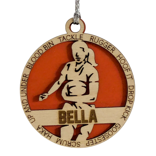 3" Handcrafted Wooden Personalized Female Rugby Christmas Ornament - Custom Rugby Player Holiday Decor