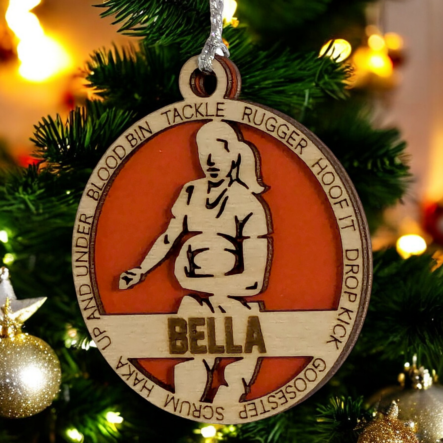 3" Handcrafted Wooden Personalized Female Rugby Christmas Ornament - Custom Rugby Player Holiday Decor