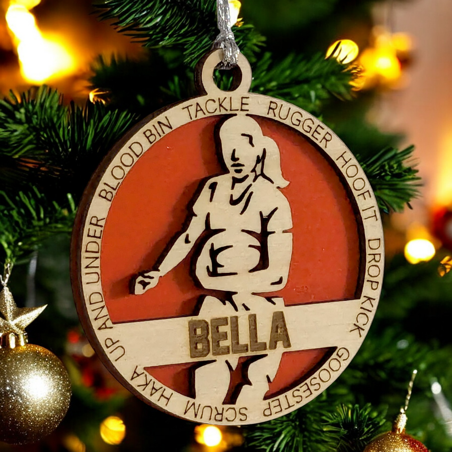 3" Handcrafted Wooden Personalized Female Rugby Christmas Ornament - Custom Rugby Player Holiday Decor