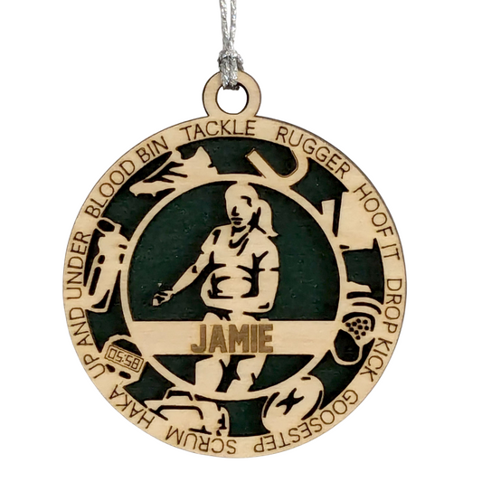 3" Handcrafted Wooden Personalized Female Rugby Christmas Ornament - Custom Rugby Player Holiday Decor