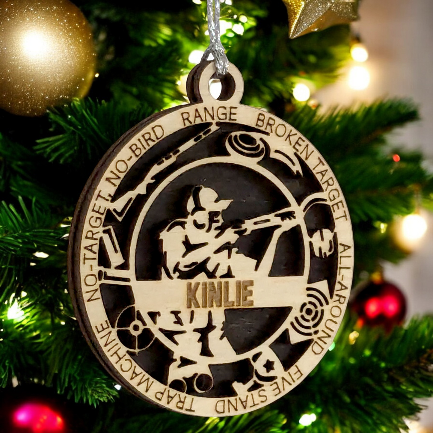 3" Handcrafted Wooden Personalized Female Trap Shooting Christmas Ornament - Custom Clay Target Shooter Holiday Decor