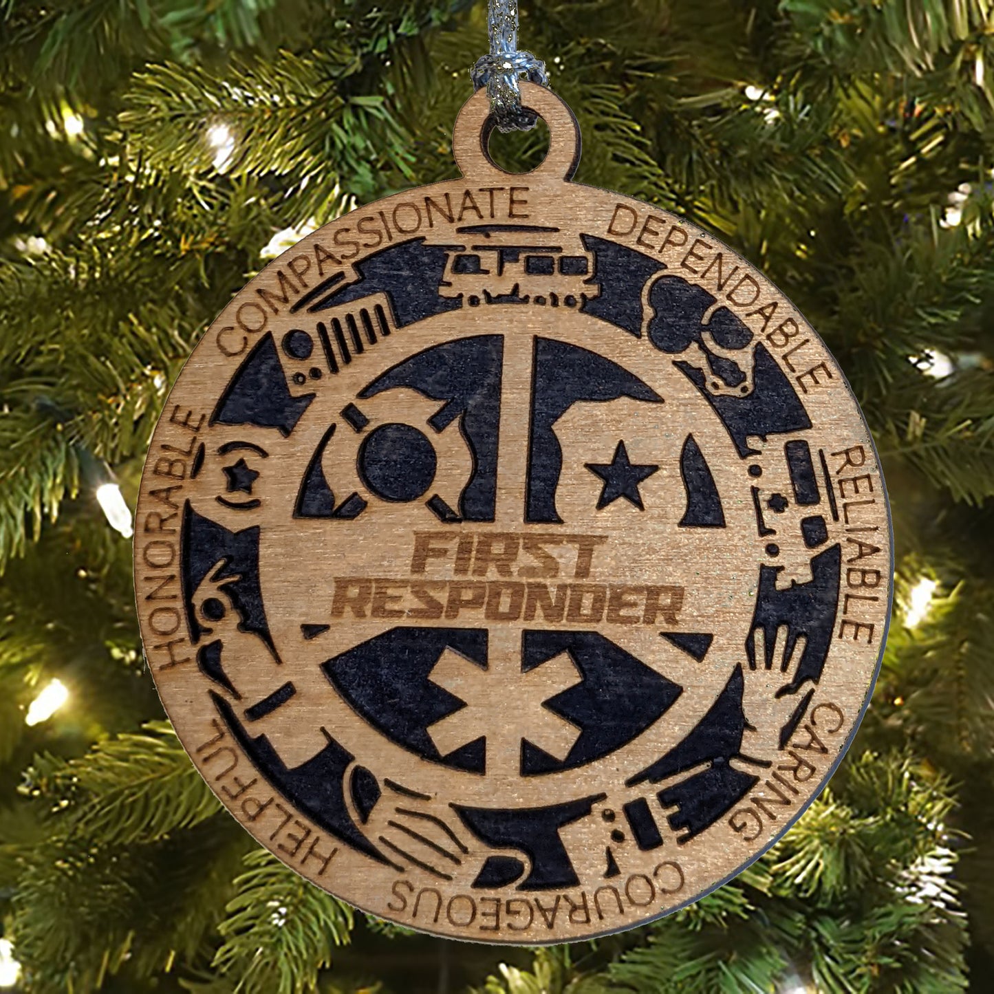 3" Handcrafted Wooden First Responder Christmas Ornament - Customizable with Solid Background - Heartfelt Holiday Tribute to Heroes
