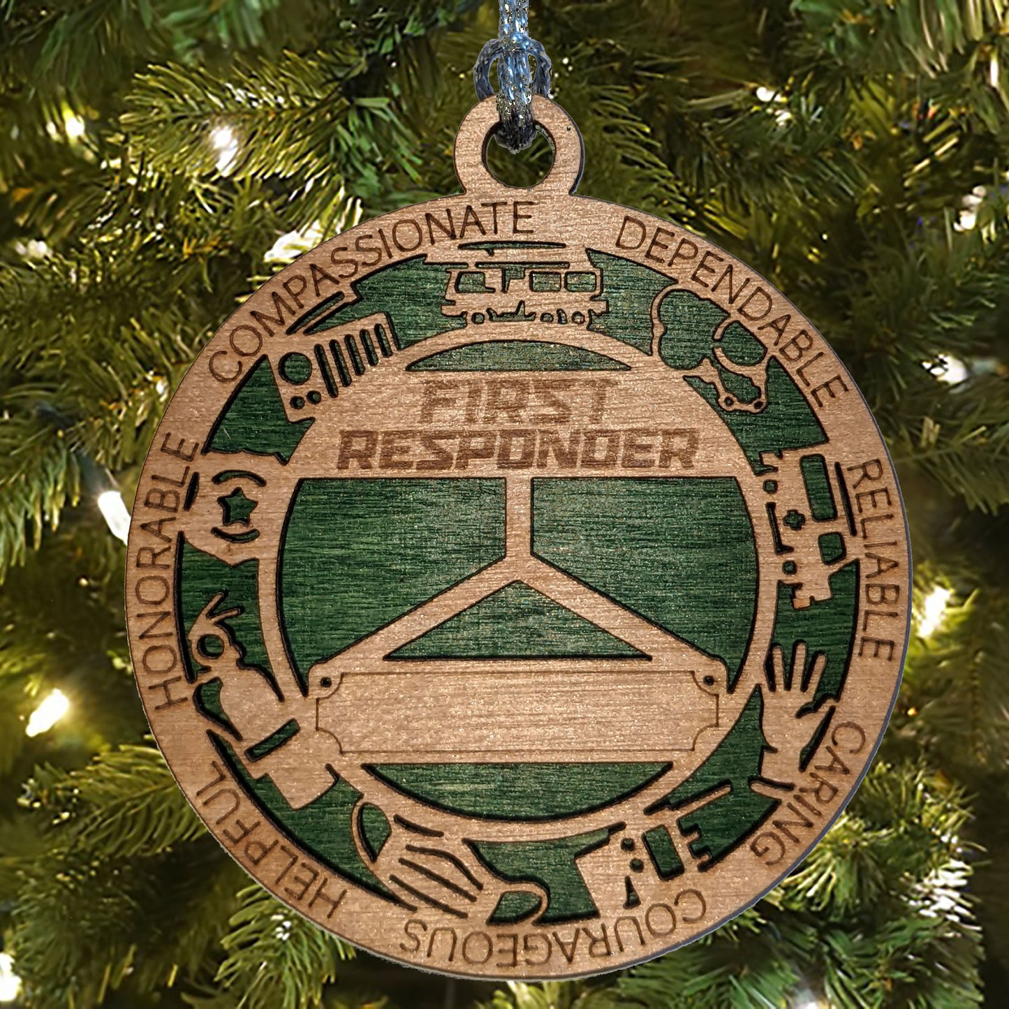 3" Laser-Cut Handcrafted Wooden Personalized First Responder Christmas Ornament with Unique Cut Background - Custom Heroic Holiday Decor