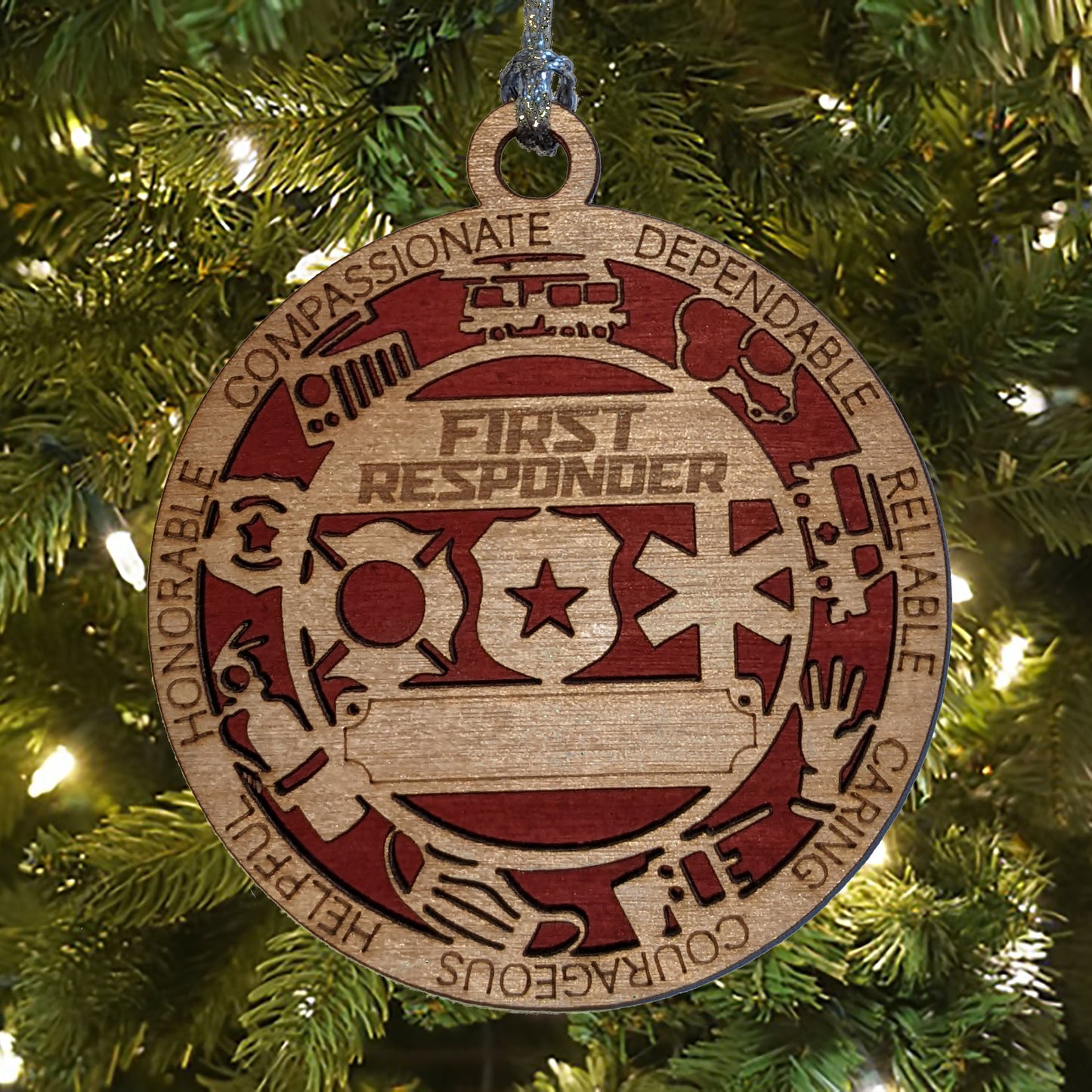 3" Handcrafted Wooden Personalized First Responder Christmas Ornament - Customizable with Solid Background - Heartfelt Holiday Tribute to Heroes