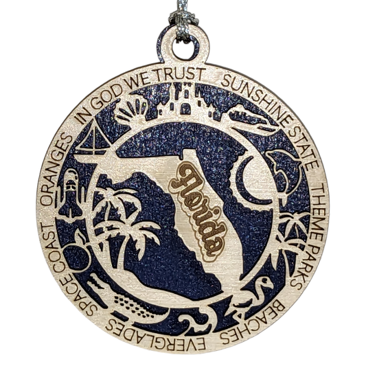 Florida State Pride 3D Wood Laser Cut Ornament: Featuring Iconic Florida Symbols and Custom Background Colors