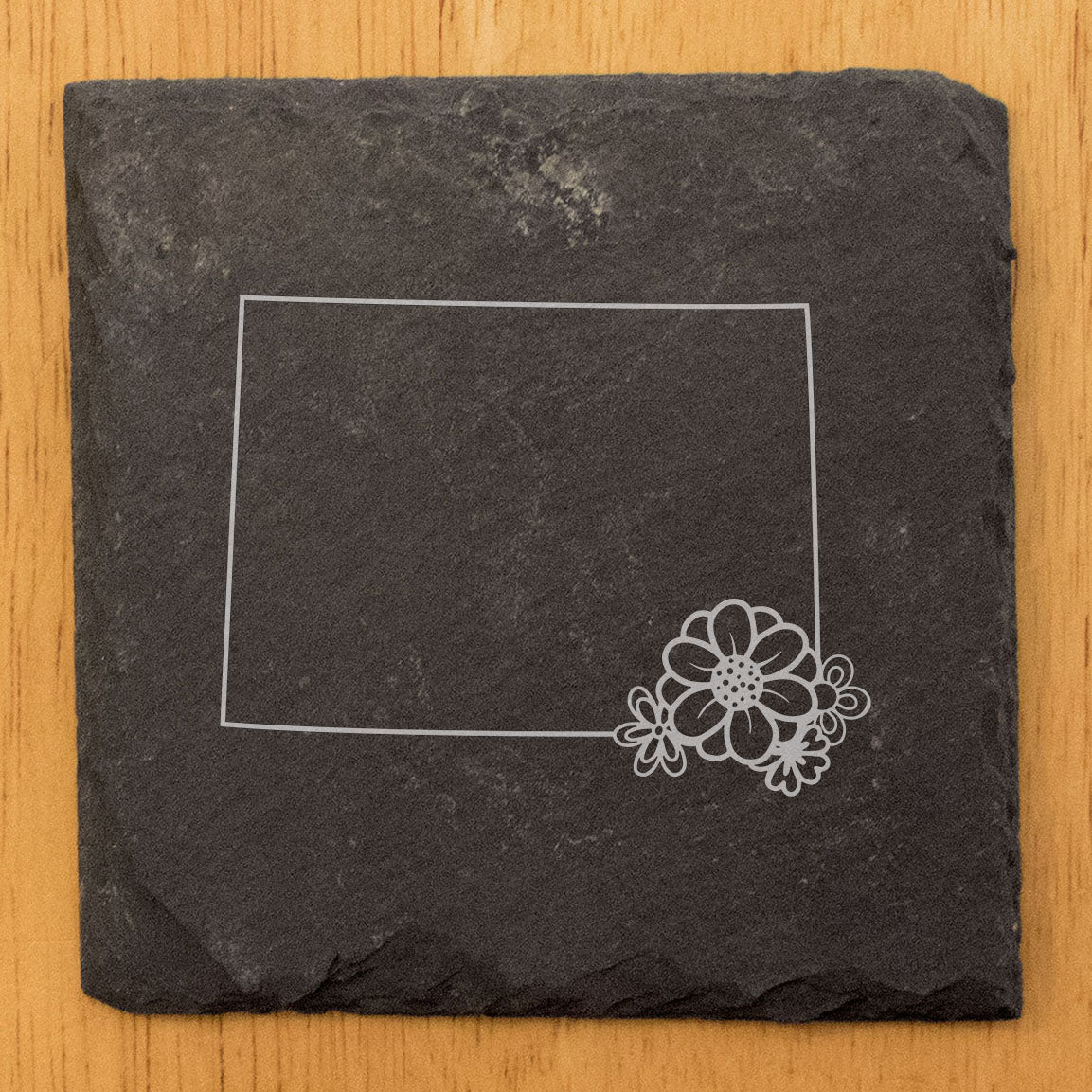 Rustic Slate Coasters Set of 4 - Colorado State Outline Design w/ Flower - 4" Round/Square, Natural Chipped Edge, Rubber Feet - Perfect Gift for Holidays, Birthdays, Housewarming - Made in USA