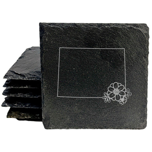 Rustic Slate Coasters Set of 4 - Colorado State Outline Design w/ Flower - 4" Round/Square, Natural Chipped Edge, Rubber Feet - Perfect Gift for Holidays, Birthdays, Housewarming - Made in USA