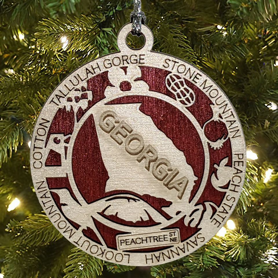 Georgia State Pride 3D Wood Laser Cut Ornament: Featuring Iconic Georgia Symbols and Custom Background Colors