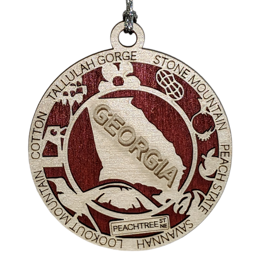 Georgia State Pride 3D Wood Laser Cut Ornament: Featuring Iconic Georgia Symbols and Custom Background Colors