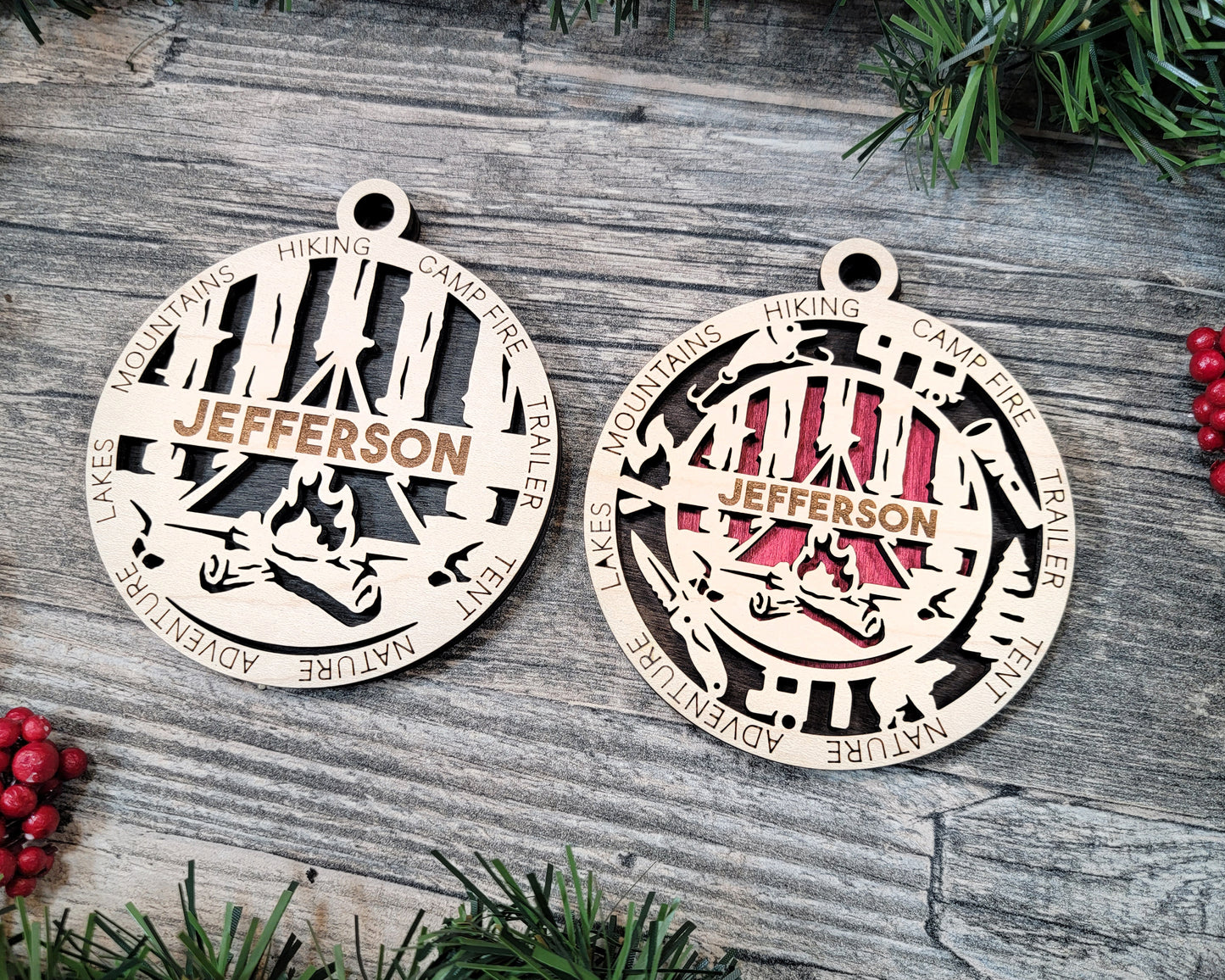Camping laser cut wood ornament