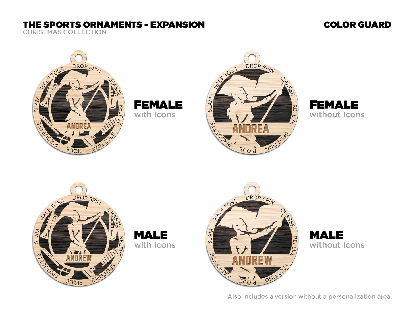 Female Colorguard laser cut personalized wood ornament