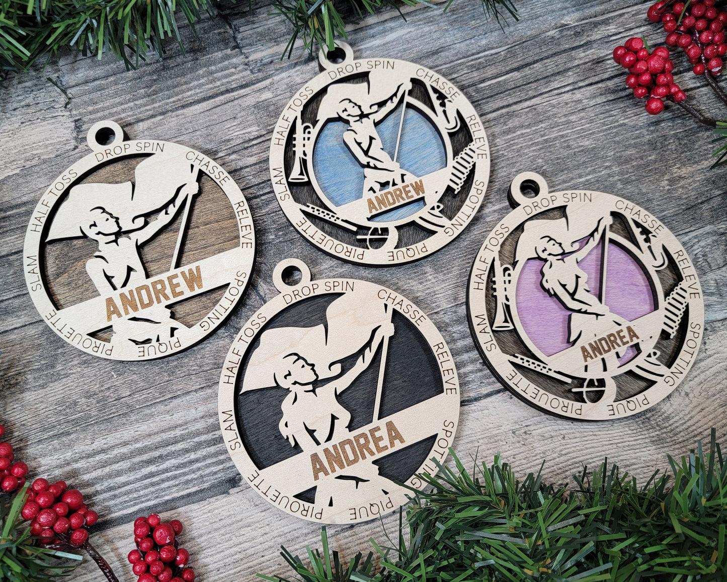 Female Colorguard laser cut personalized wood ornament