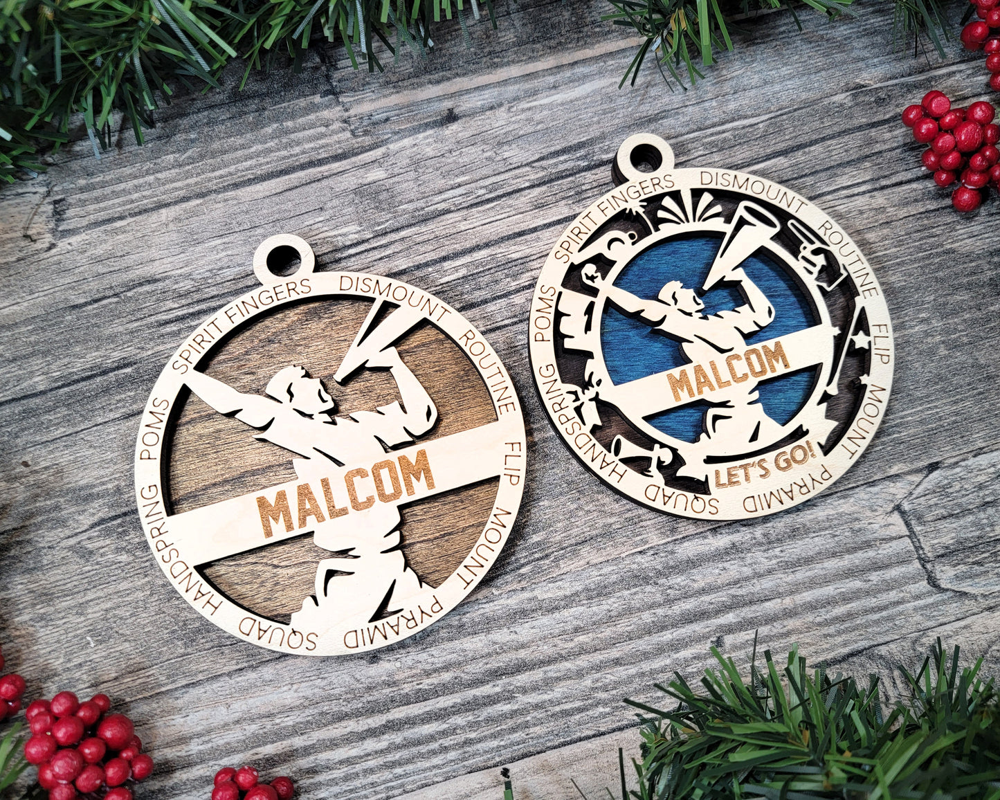 Female Cheerleading laser cut wood ornament