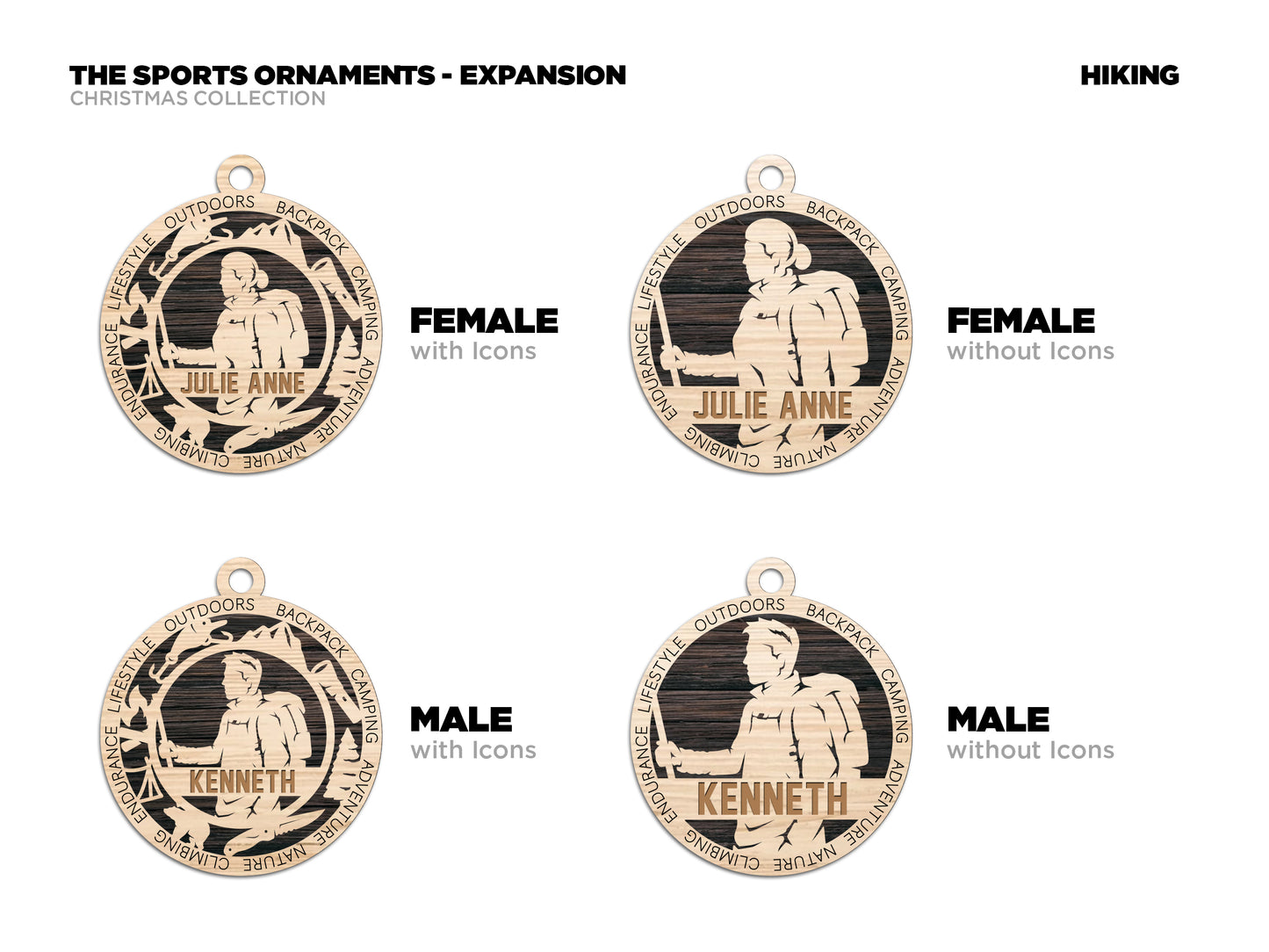 Female Hiking laser cut personalized wood ornament