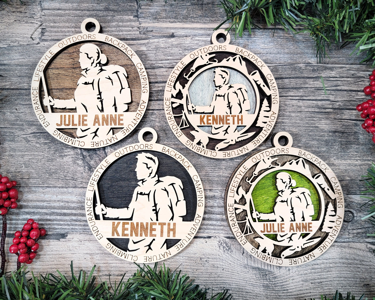 Female Hiking laser cut personalized wood ornament