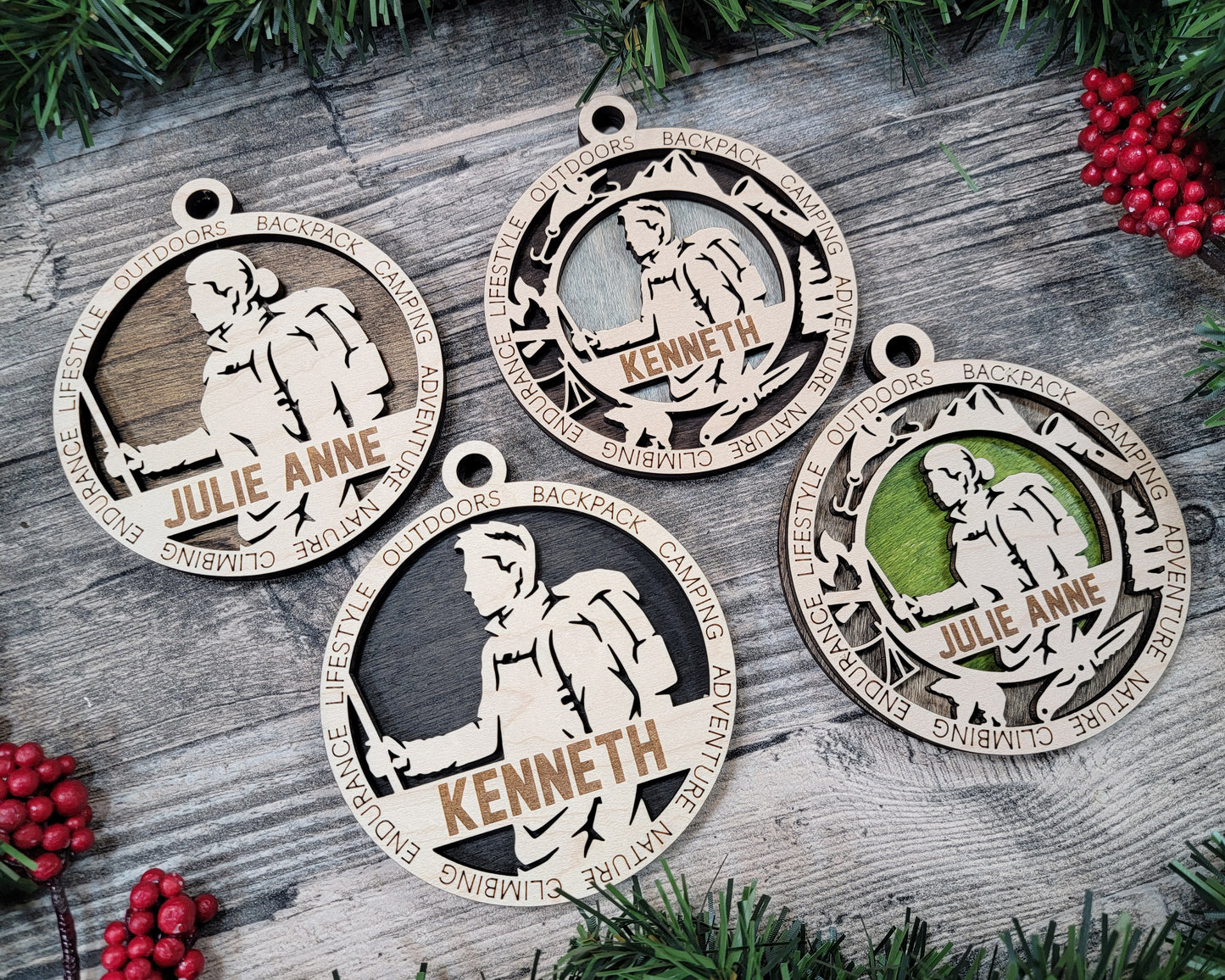 Male Hiking laser cut personalized wood ornament
