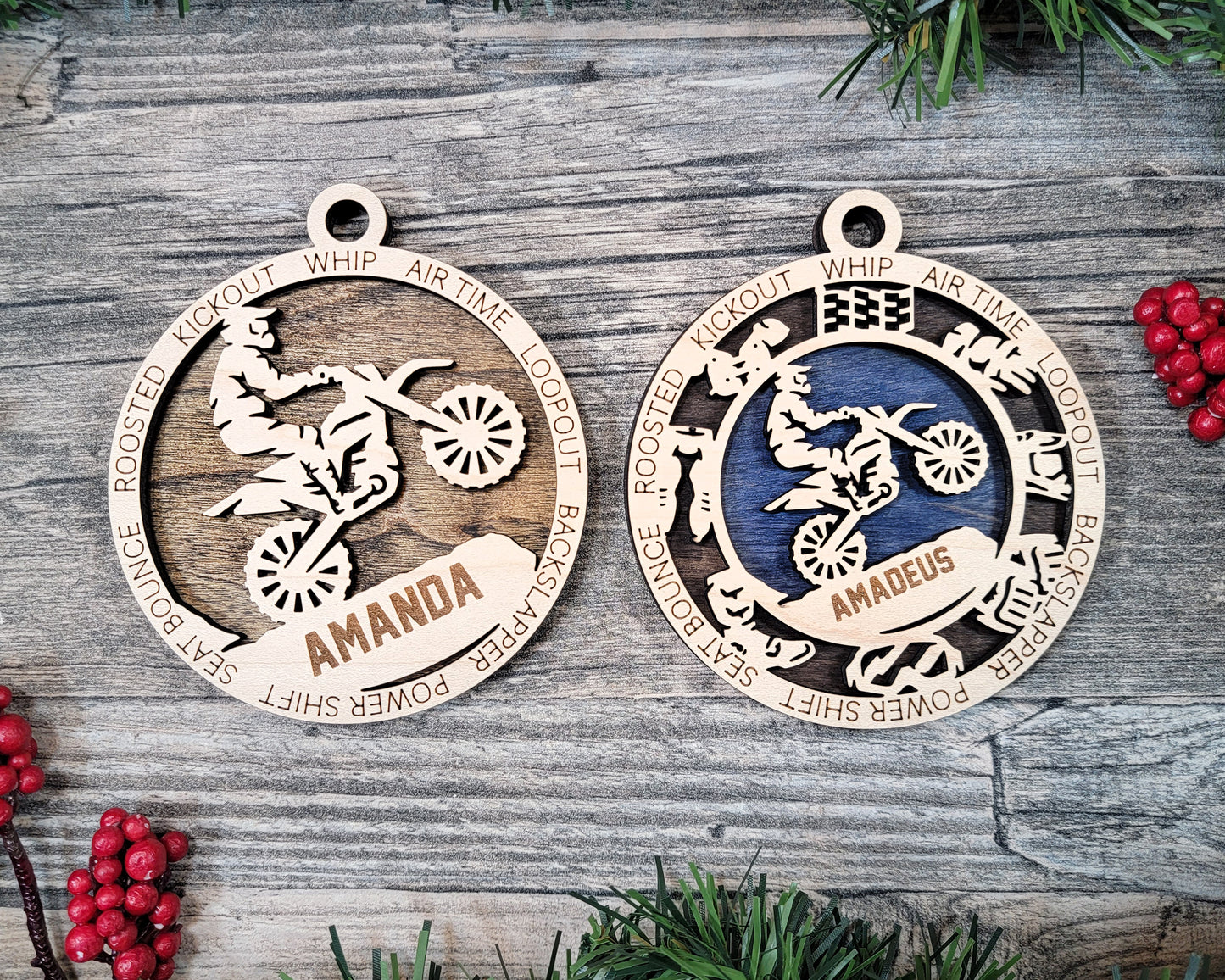 Motocross laser cut personalized wood ornament