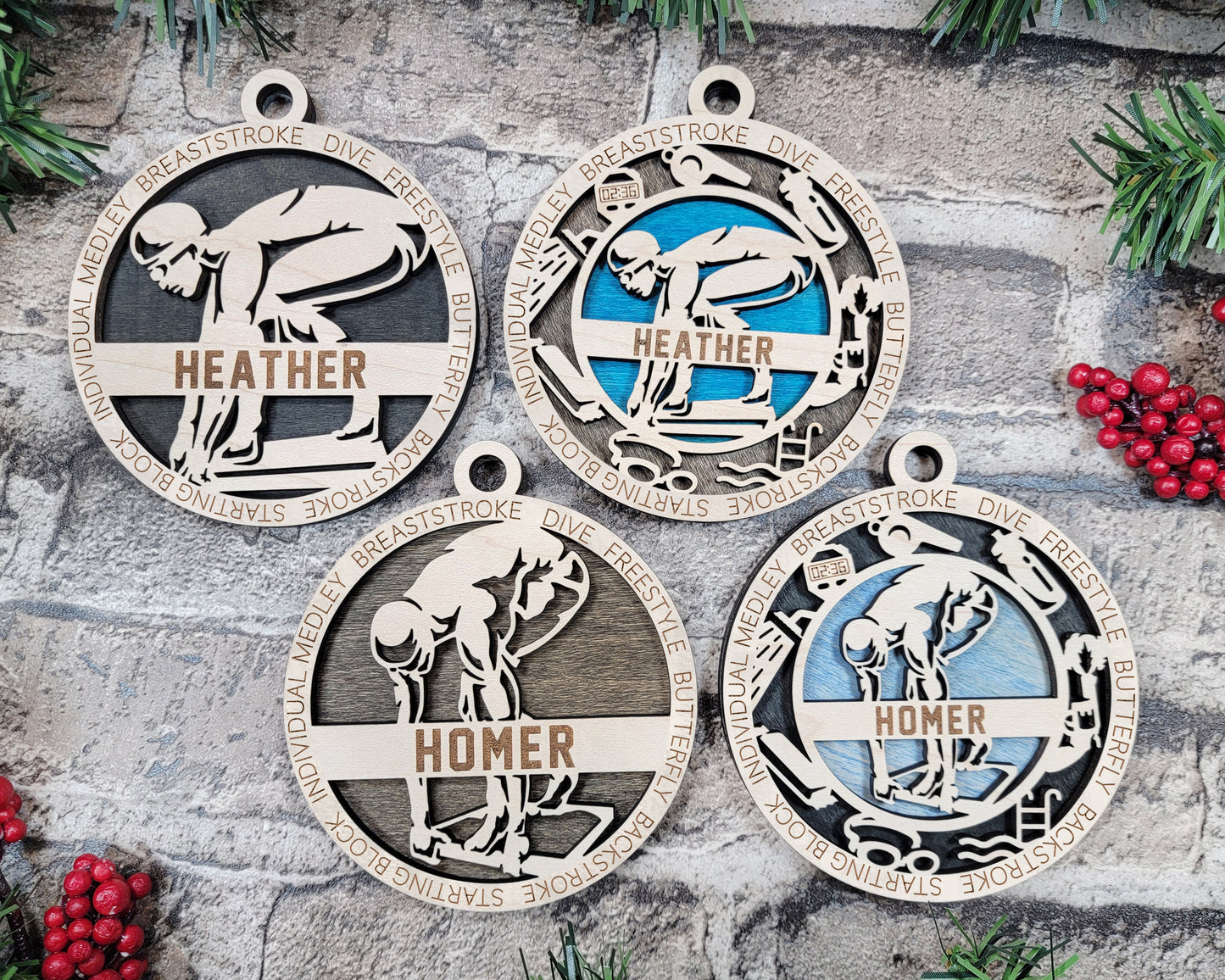 Female Swimming laser cut personalized wood ornament