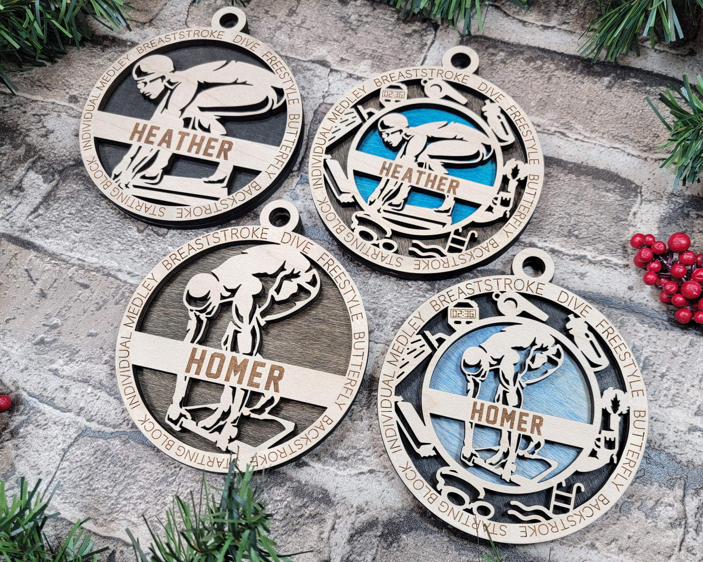 Male Swimming laser cut personalized wood ornament