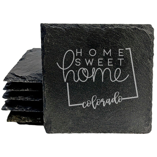 Rustic Slate Coasters Set of 4, Round 4" with Colorado 'Home Sweet Home' Design, Perfect Gift for Holidays, Birthdays, Housewarming, She-Shed, Man Cave, Made in Oregon, USA, Natural Chipped Edge