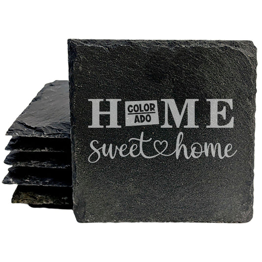 Rustic Slate Coasters Set of 4, Laser Etched 'HOME SWEET HOME' Design, Colorado State Shape, Perfect Gift for Holidays, Birthdays, Housewarming, Made in Oregon, USA, 4" Round, Natural Edge