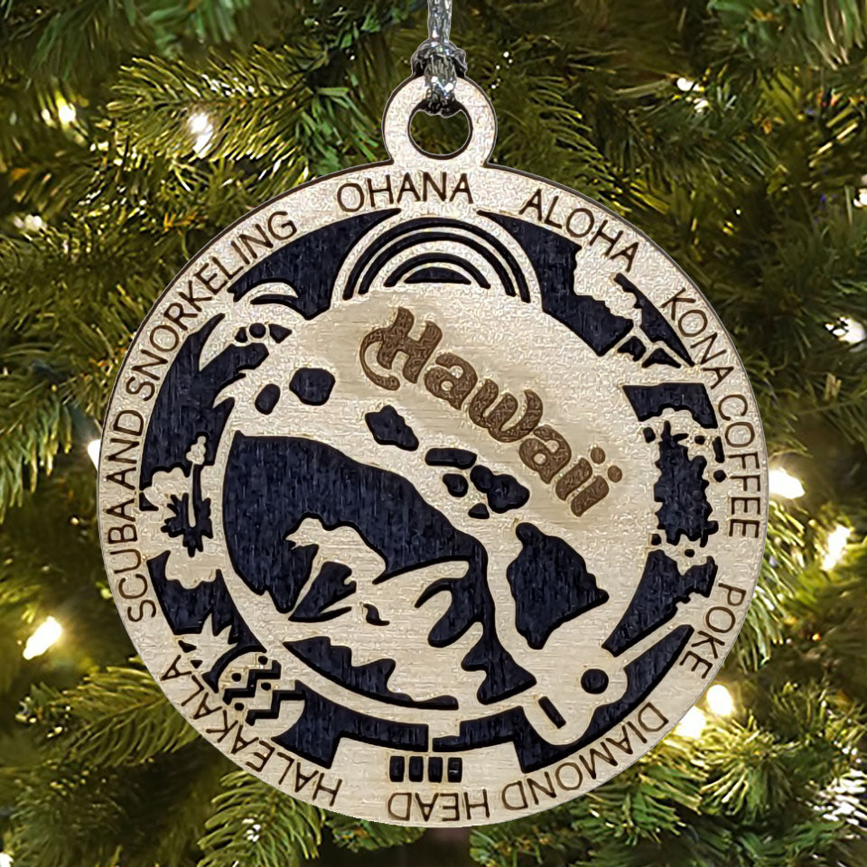 Hawaii State Pride 3D Wood Laser Cut Ornament: Featuring Iconic Hawaii Symbols and Custom Background Colors