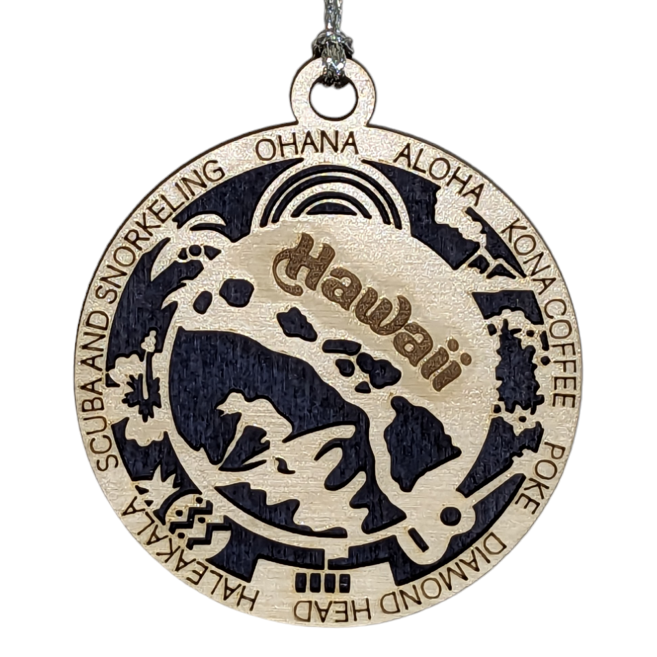 Hawaii State Pride 3D Wood Laser Cut Ornament: Featuring Iconic Hawaii Symbols and Custom Background Colors