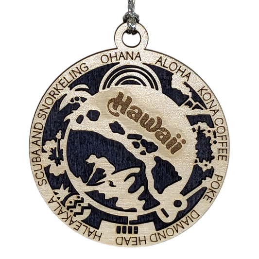 Hawaii State Pride 3D Wood Laser Cut Ornament: Featuring Iconic Hawaii Symbols and Custom Background Colors