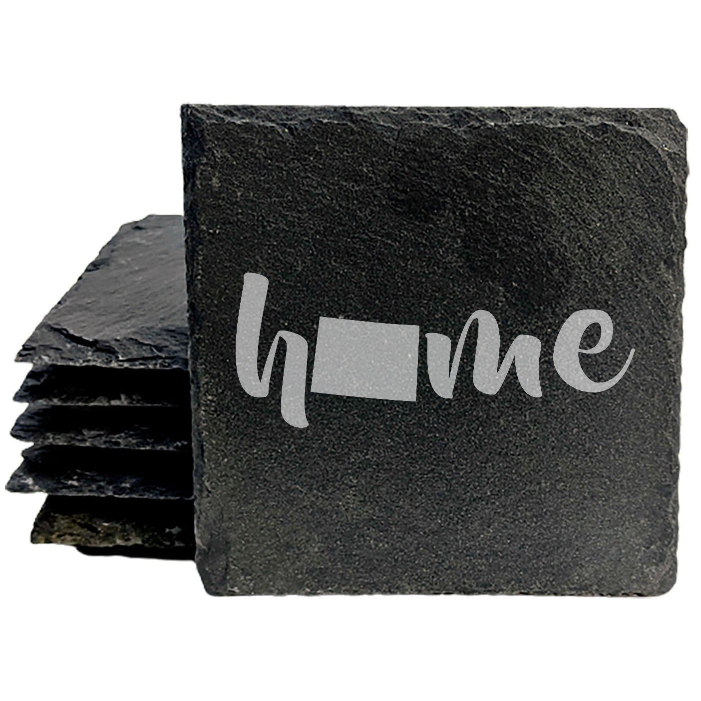 Rustic Slate Coasters Set of 4 - Laser Etched 'Home' Design with Colorado State - Perfect Gift for Holidays, Birthdays, Housewarming - 4" Round/Square - Made in Oregon, USA - Natural Chipped Edge