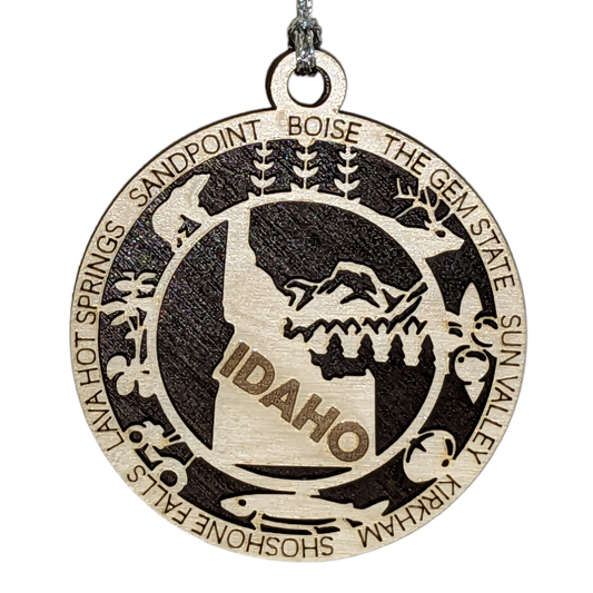 Idaho State Pride 3D Wood Laser Cut Ornament: Featuring Iconic Idaho Symbols and Custom Background Colors
