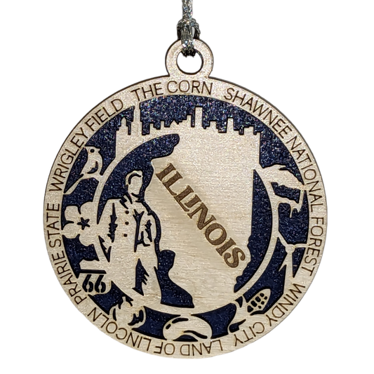 Illinois State Pride 3D Wood Laser Cut Ornament: Featuring Iconic Illinois Symbols and Custom Background Colors