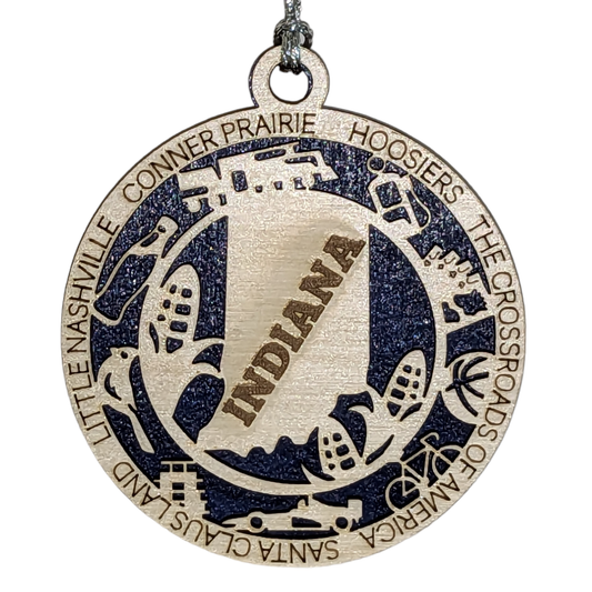Indiana State Pride 3D Wood Laser Cut Ornament: Featuring Iconic Indiana Symbols and Custom Background Colors