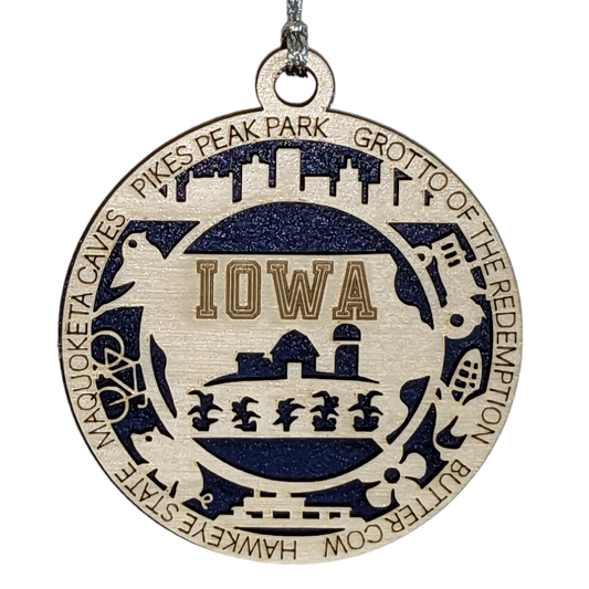 Iowa State Pride 3D Wood Laser Cut Ornament: Featuring Iconic Iowa Symbols and Custom Background Colors