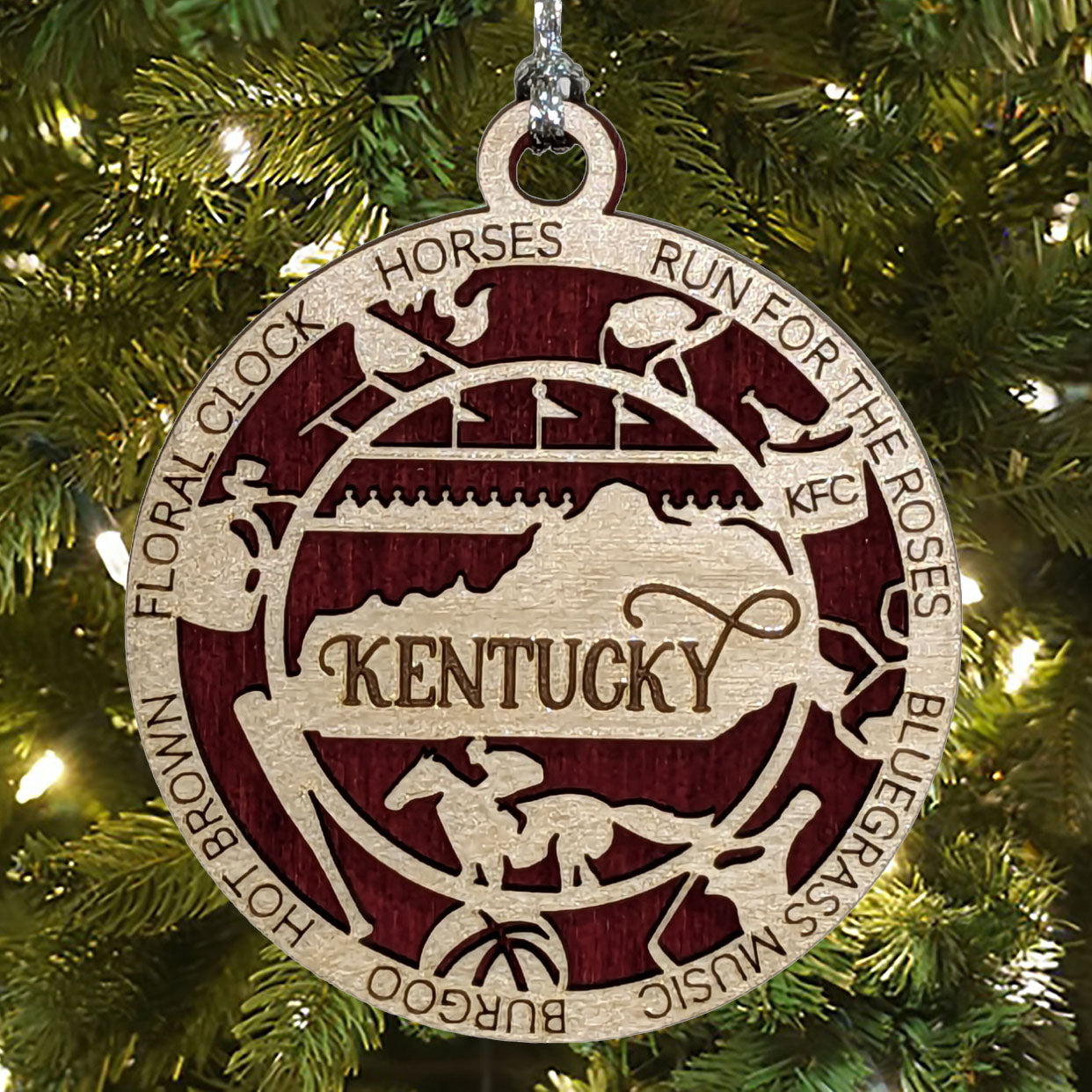 Kentucky State Pride 3D Wood Laser Cut Ornament: Featuring Iconic Kentucky Symbols and Custom Background Colors