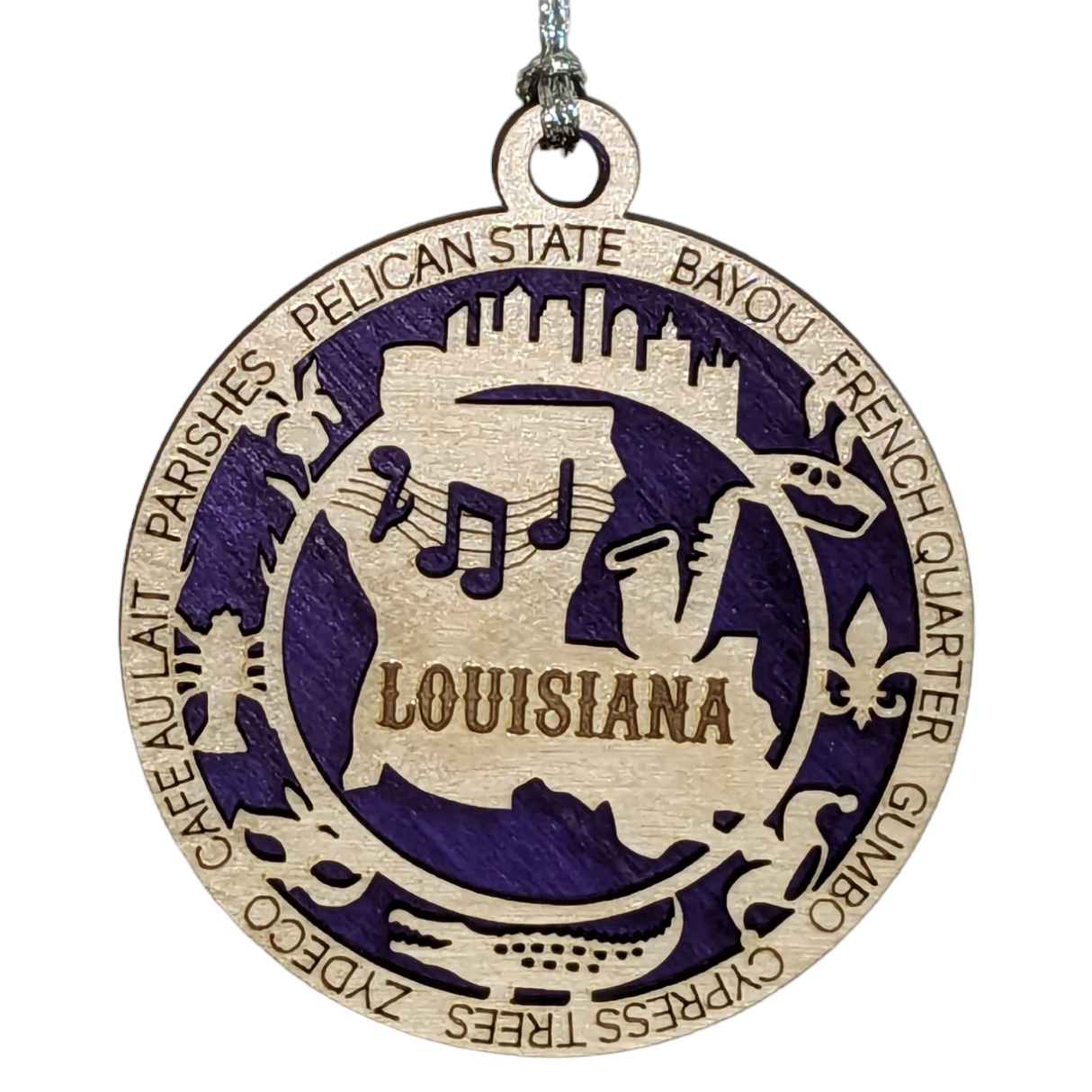 Louisiana State Pride 3D Wood Laser Cut Ornament: Featuring Iconic Louisiana Symbols and Custom Background Colors