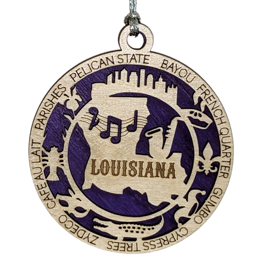 Louisiana State Pride 3D Wood Laser Cut Ornament: Featuring Iconic Louisiana Symbols and Custom Background Colors